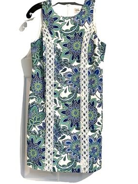 NEW Eliza J Blue Green Tropical White Crochet Lace Shift Sleeveless Dress Size 4